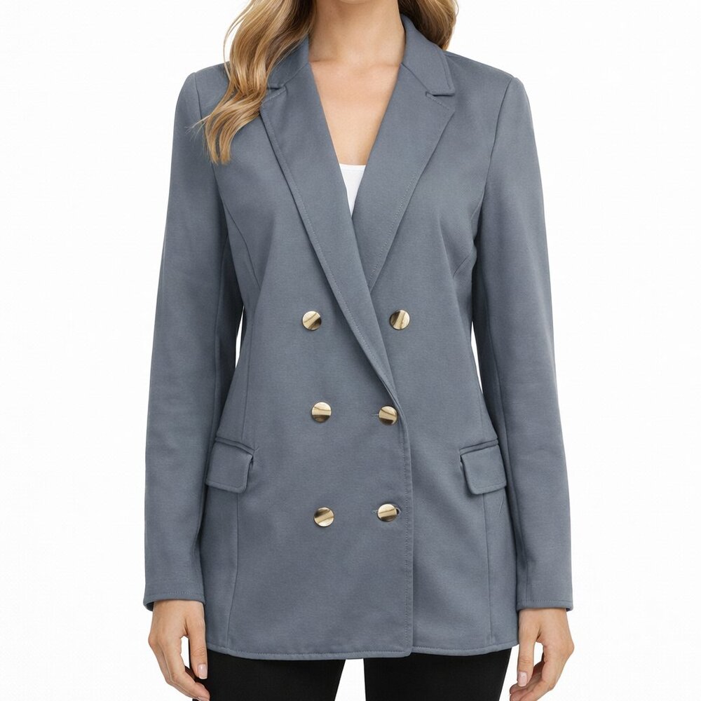 Betabrand Double-Breasted Stretch Ponte Blazer XL Dusty Blue Silver Buttons